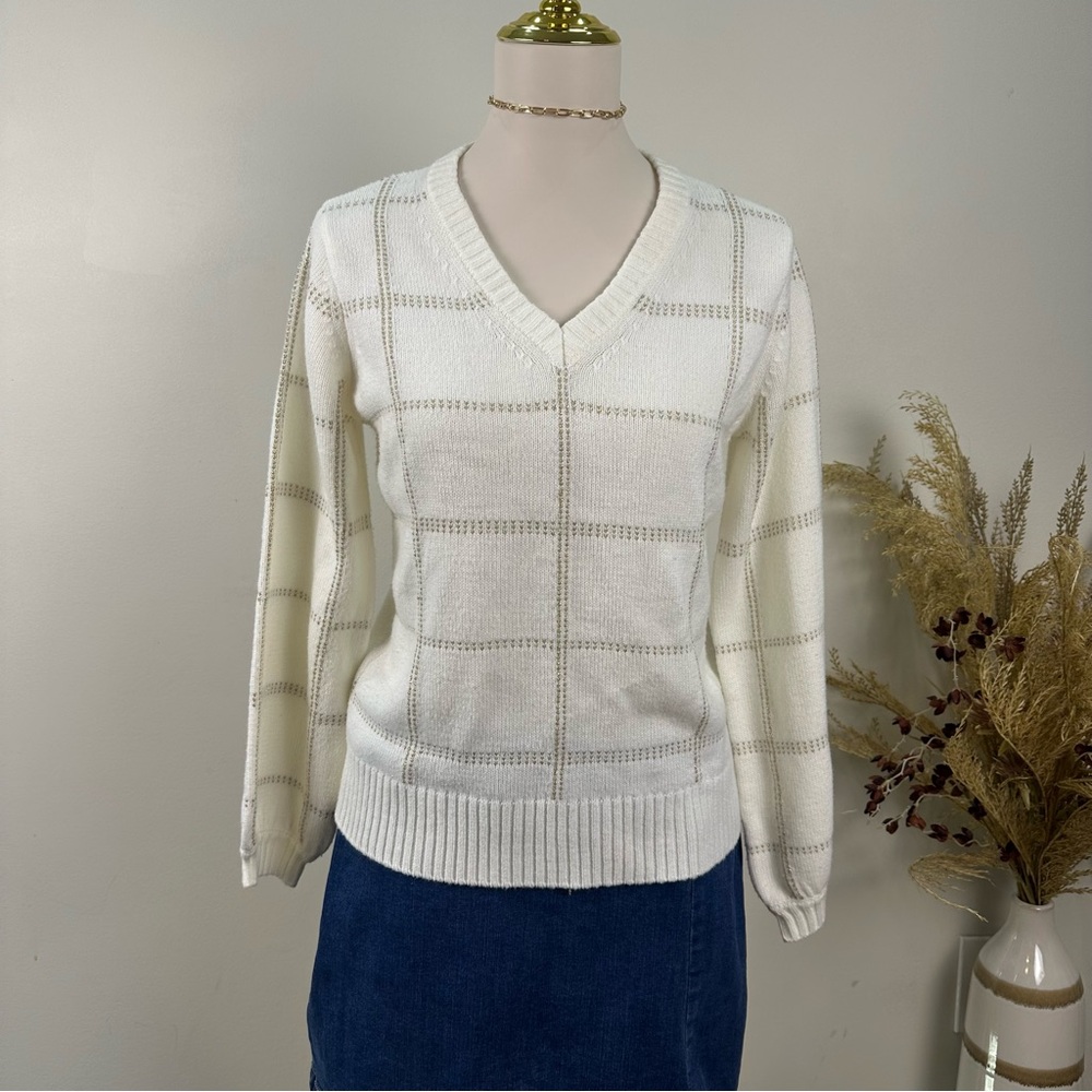 Worthington Women's Sweater Small S Ivory Gold Metallic Plaid V-Neck‎ Shimmer